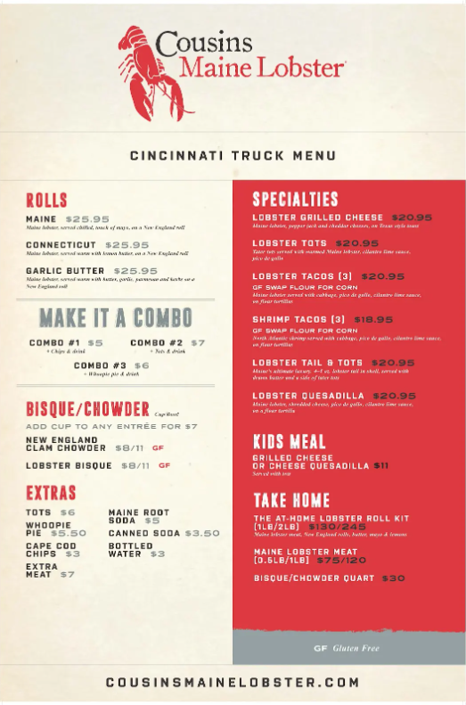 Cousins Maine Lobster Cincinnati Truck Menu featuring various lobster rolls, specialties, bisque, chowder, extras, kids meals, and take-home options with prices.