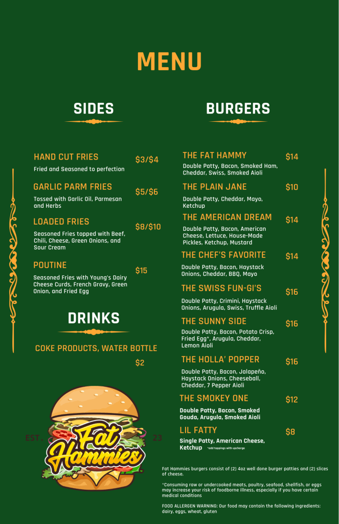 Menu for Fat Hammies food truck featuring gourmet burgers, hand-cut fries, and drinks organized into sides and burgers.