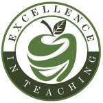 Logo of Excellence in Teaching featuring a stylized green apple surrounded by the text 'Excellence in Teaching'.