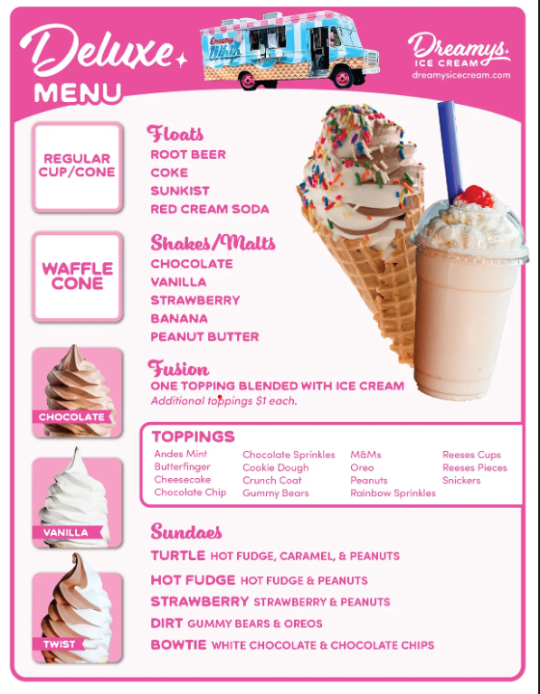 Menu for Dreamy's Ice Cream Truck featuring various ice cream options including floats, shakes, malts, and sundaes with a list of toppings.