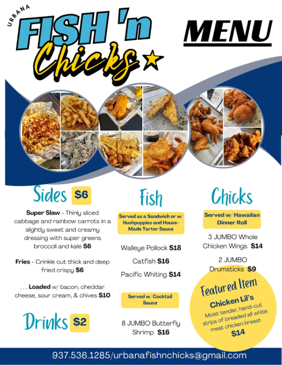 Menu for Urbana Fish 'n Chicks featuring a variety of options including sides, fish, and chicken dishes with prices listed.