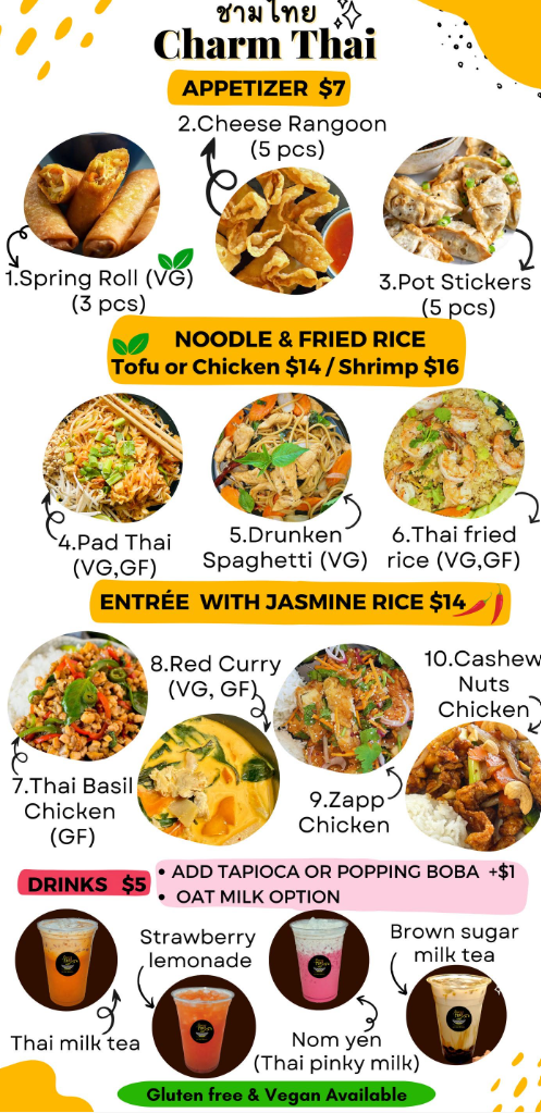 Menu for Charm Thai featuring appetizers, noodles, fried rice, entrees, and drinks. Includes items like spring rolls, cheese rangoon, pad thai, red curry, and various Thai drinks.